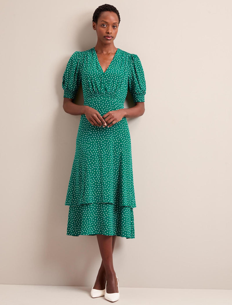 Ayla Silk Midi Dress - Green Cream Polka Dot