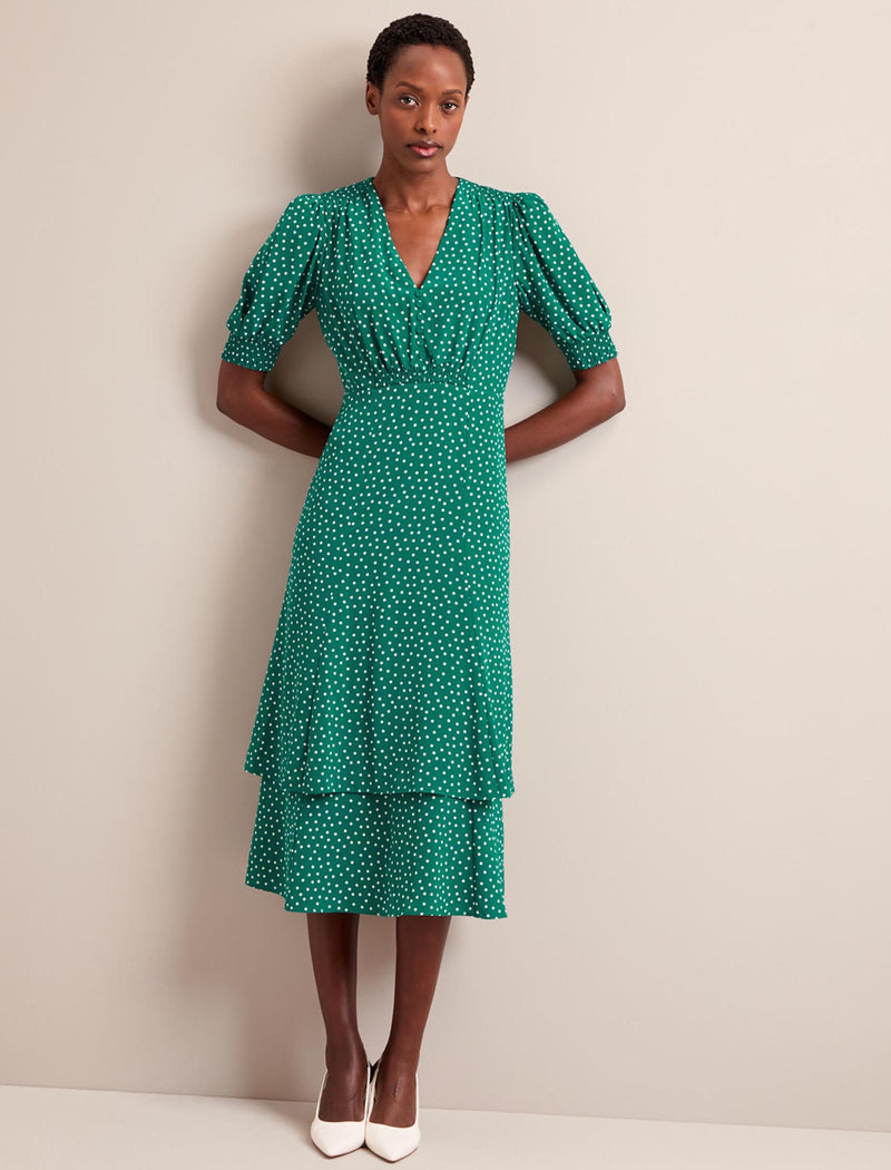 Ayla Silk Midi Dress - Green Cream Polka Dot