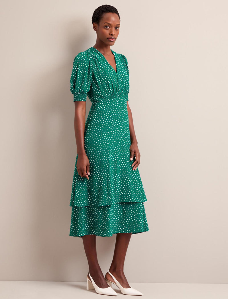 Ayla Silk Midi Dress - Green Cream Polka Dot