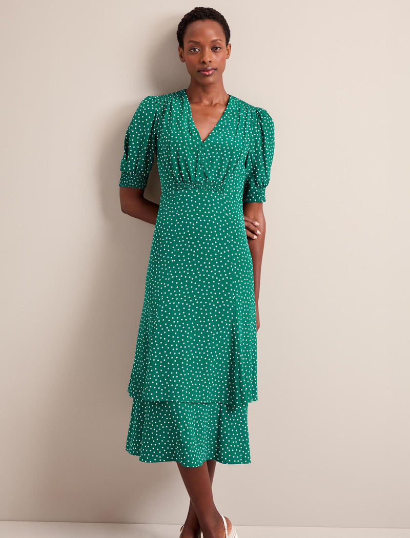 Ayla Silk Midi Dress - Green Cream Polka Dot