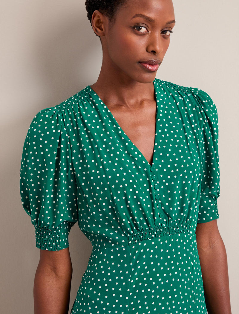 Ayla Silk Midi Dress - Green Cream Polka Dot