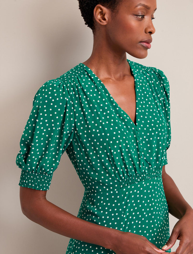 Ayla Silk Midi Dress - Green Cream Polka Dot