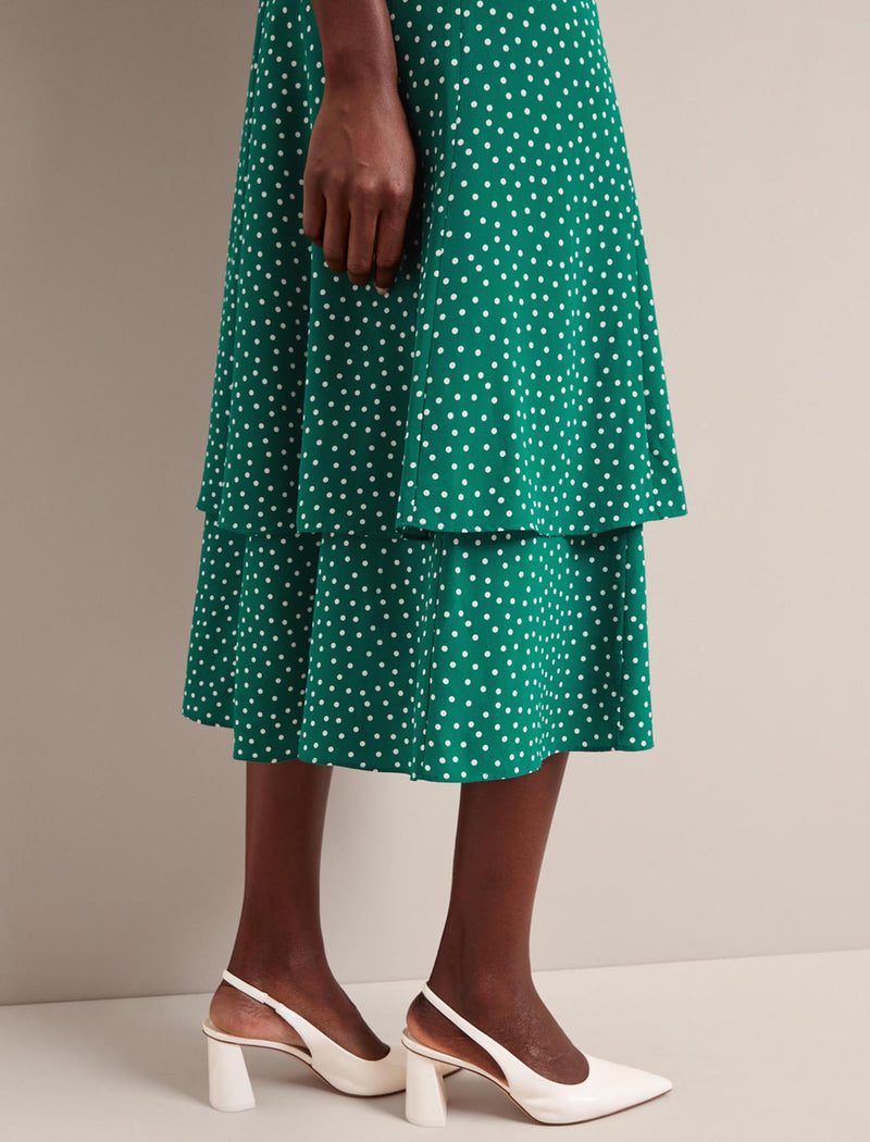 Ayla Silk Midi Dress - Green Cream Polka Dot