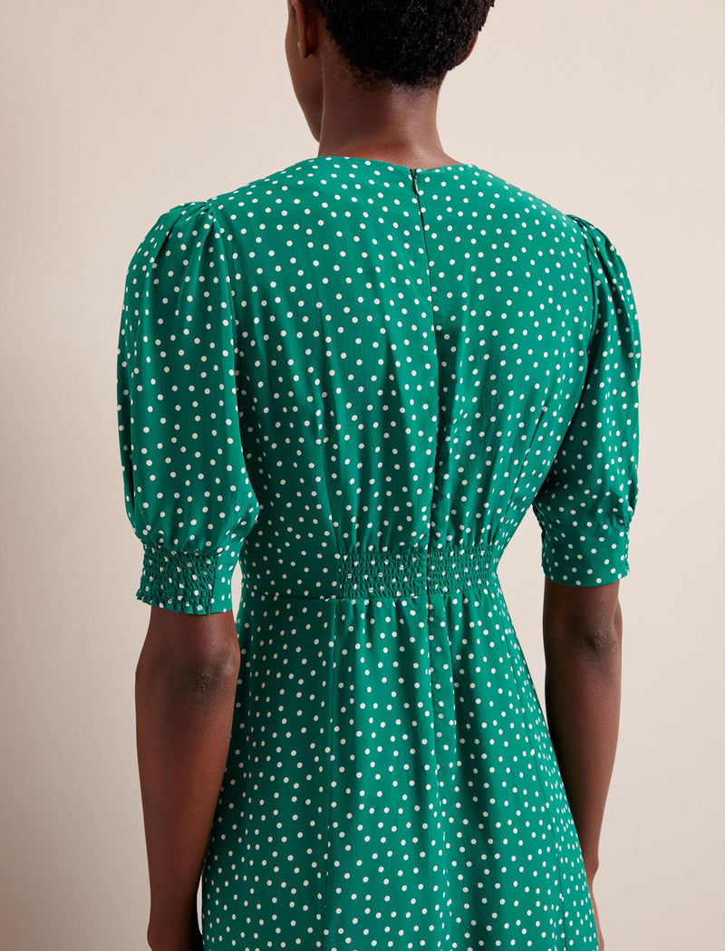 Ayla Silk Midi Dress - Green Cream Polka Dot