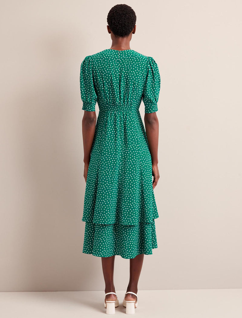 Ayla Silk Midi Dress - Green Cream Polka Dot