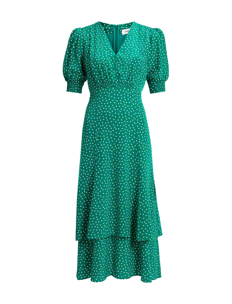 Ayla Silk Midi Dress - Green Cream Polka Dot Print