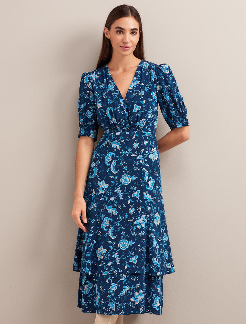 Ayla Silk Midi Dress - Navy Yellow Trailing Floral