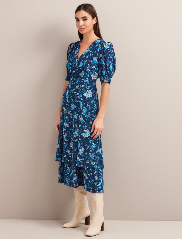 Ayla Silk Midi Dress - Navy Yellow Trailing Floral Print