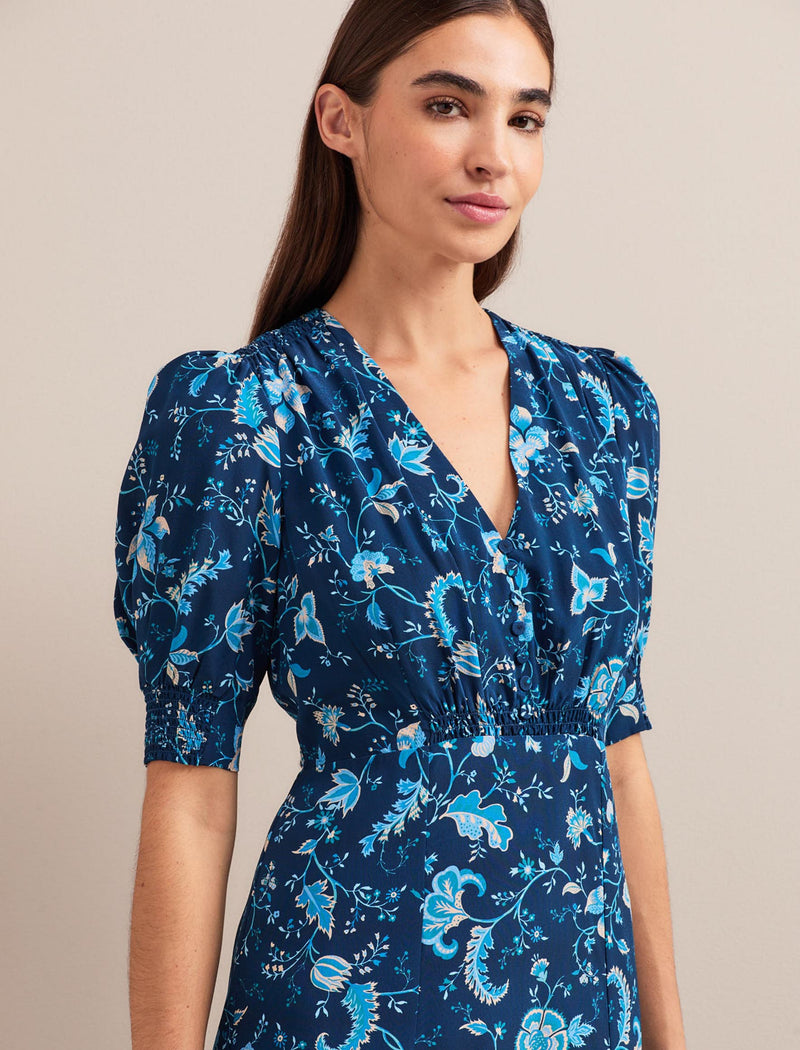 Ayla Silk Midi Dress - Navy Yellow Trailing Floral