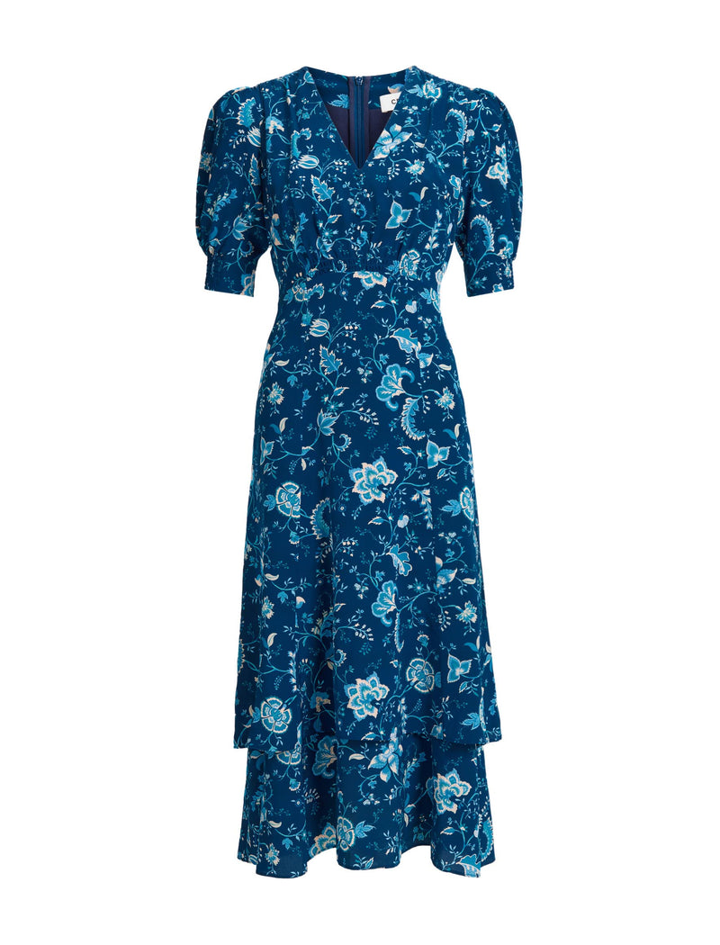 Ayla Silk Midi Dress - Navy Yellow Trailing Floral