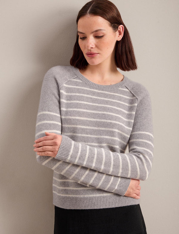 Drew Cashmere Jumper - Grey Cream Stripe