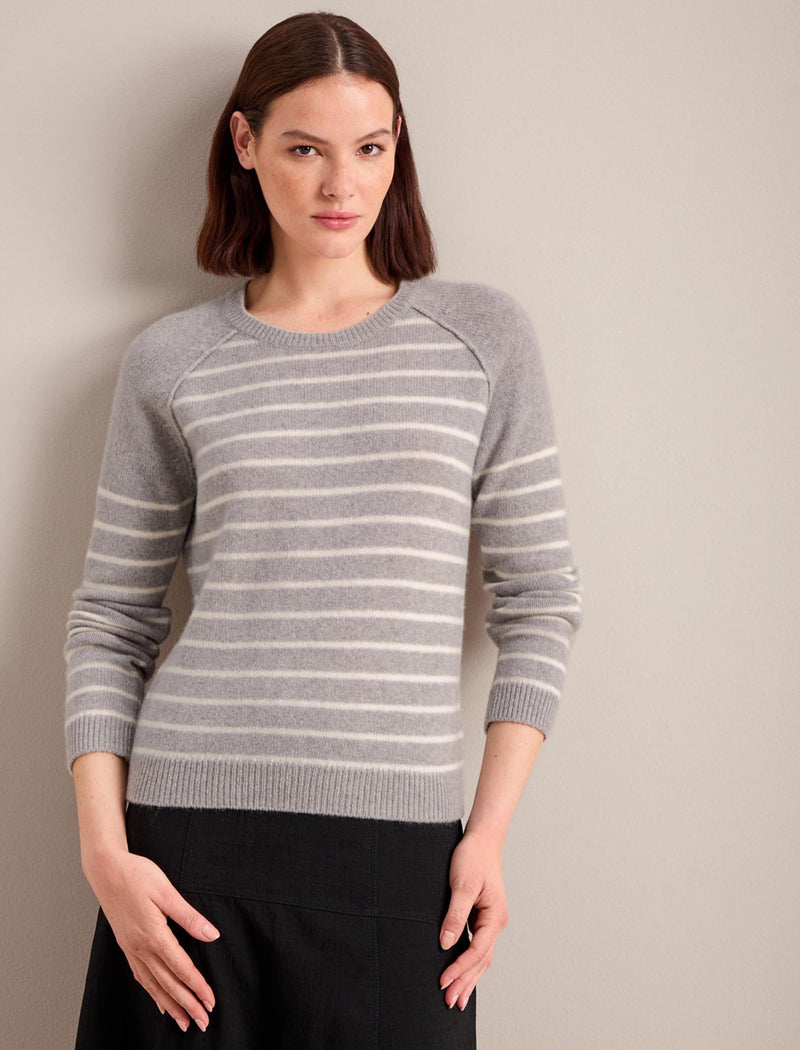 Drew Cashmere Jumper - Grey Cream Stripe