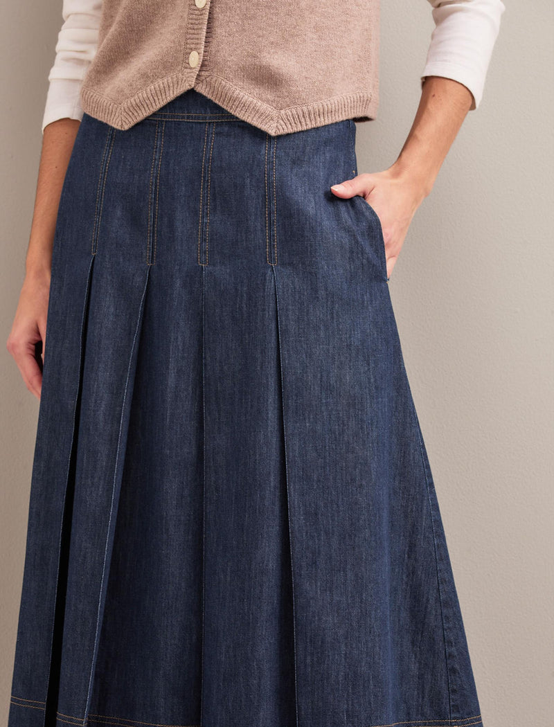 Sophia Denim Pleated Maxi Skirt - Dark Blue