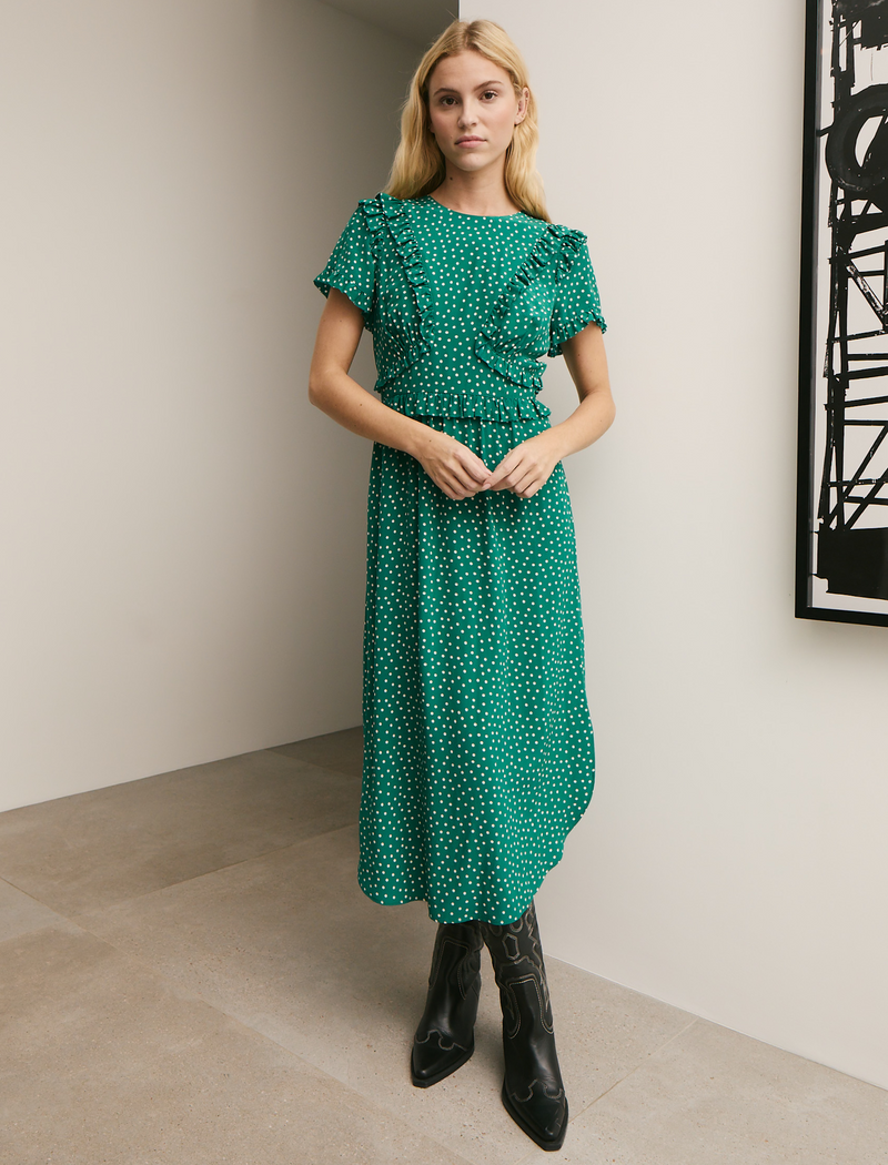 Mira Silk Midi Dress - Green Cream Polka Dot