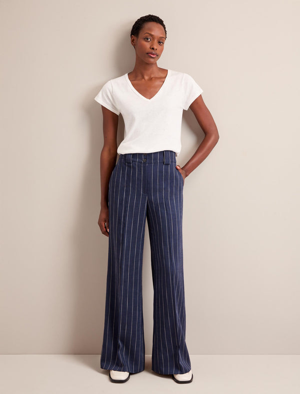 Tyler Wide Leg Trouser - Navy Pinstripe