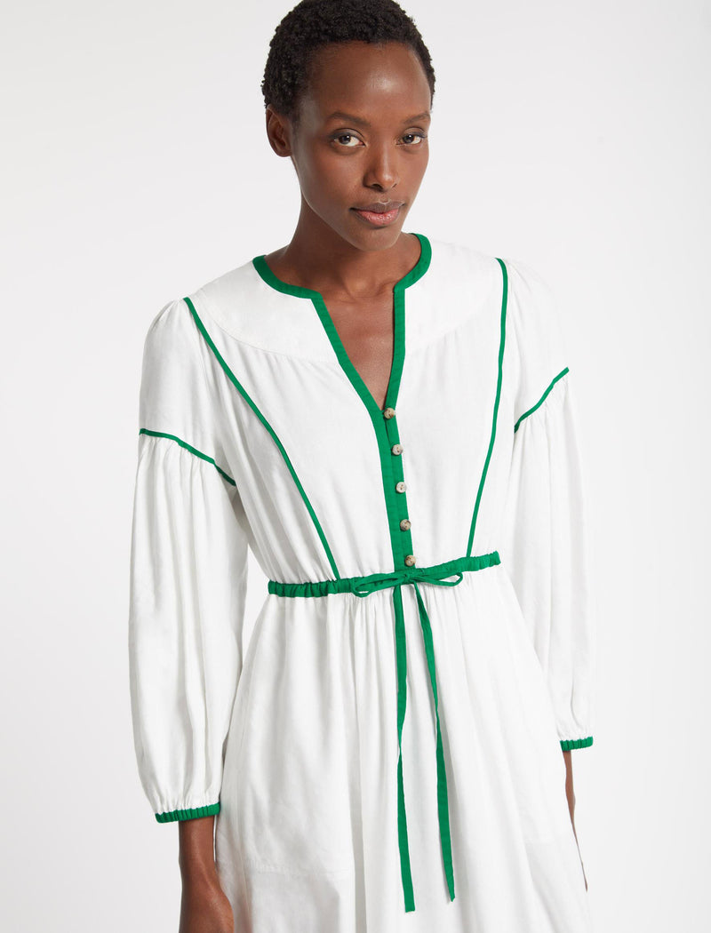 Salone Linen Blend Contrast Detail Drawstring Maxi Dress - White Emerald  Green