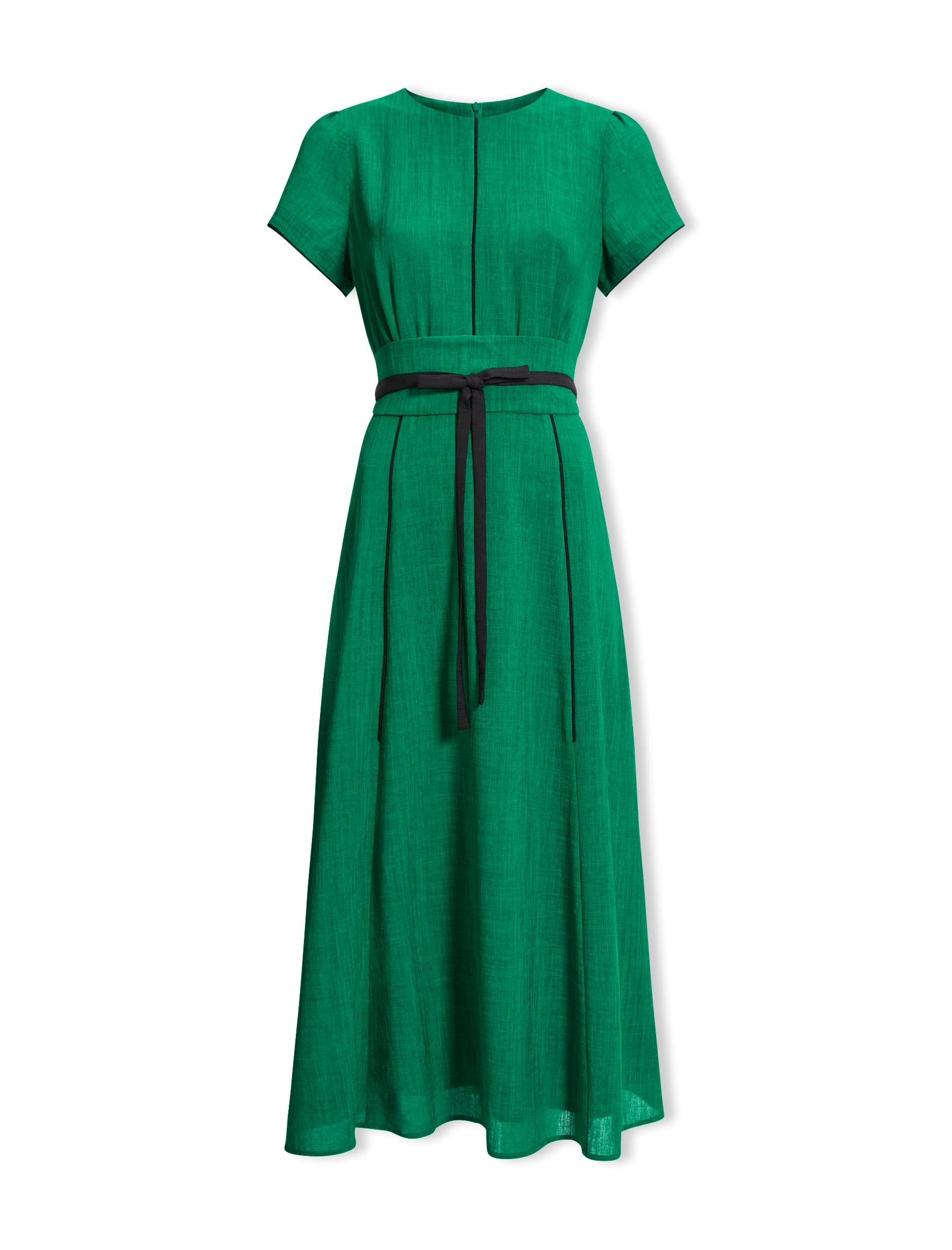 Rosie Techni Voile Maxi Dress with Wide Belt Emerald Green Black