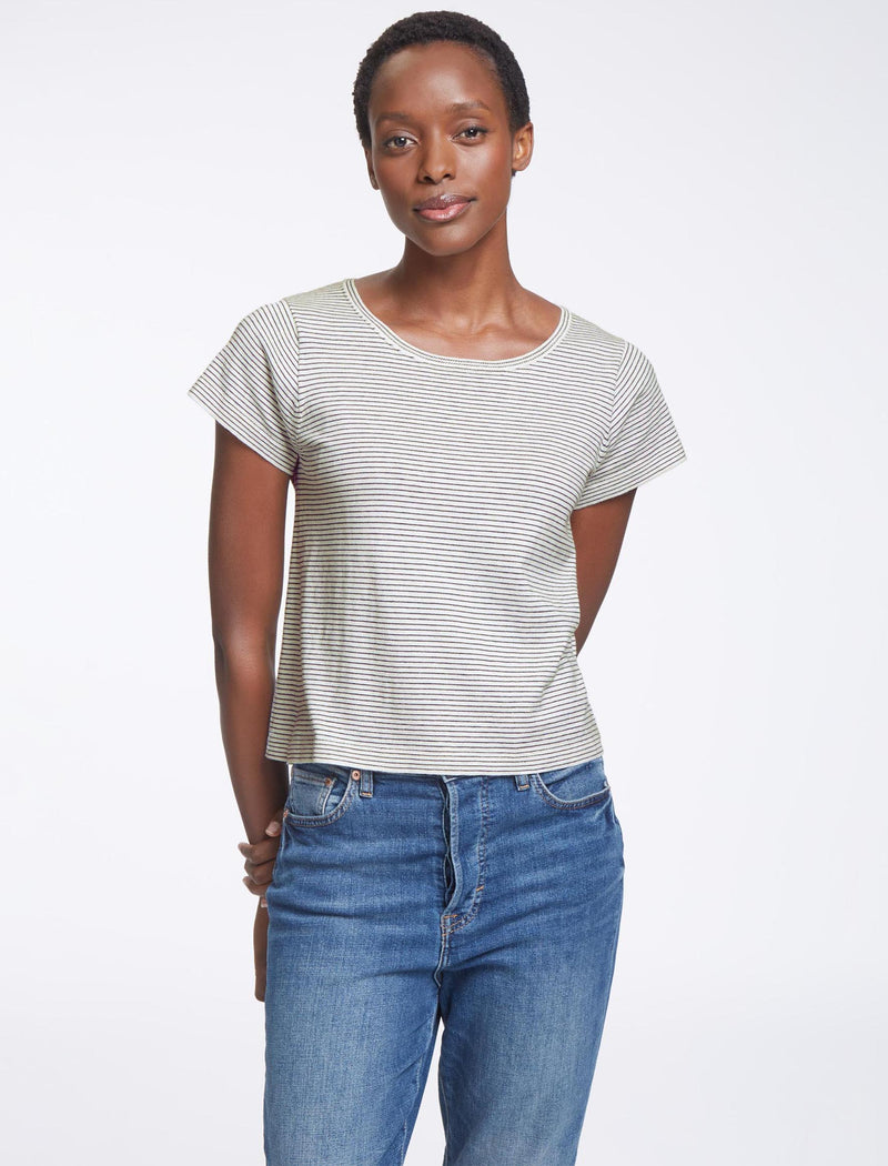 Madison Cotton Silk Blend Round Neck T-Shirt - White Navy Stripe