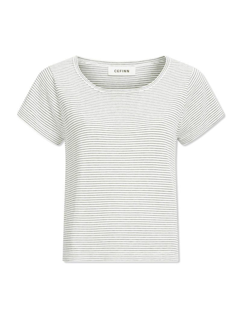 Madison Cotton Silk Blend Round Neck T-Shirt - White Navy Stripe