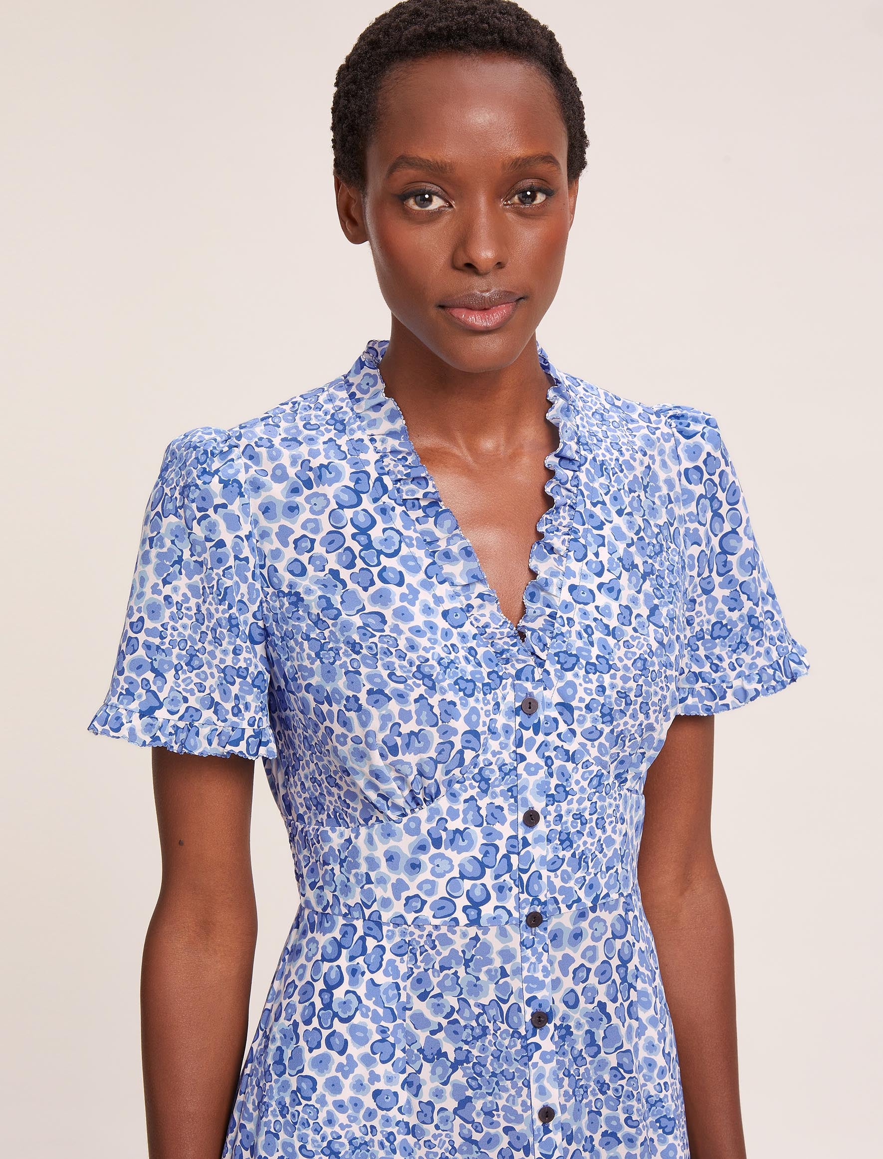 Tabby Silk Frill Detail Tea Dress - Blue Leopard Pansy Print