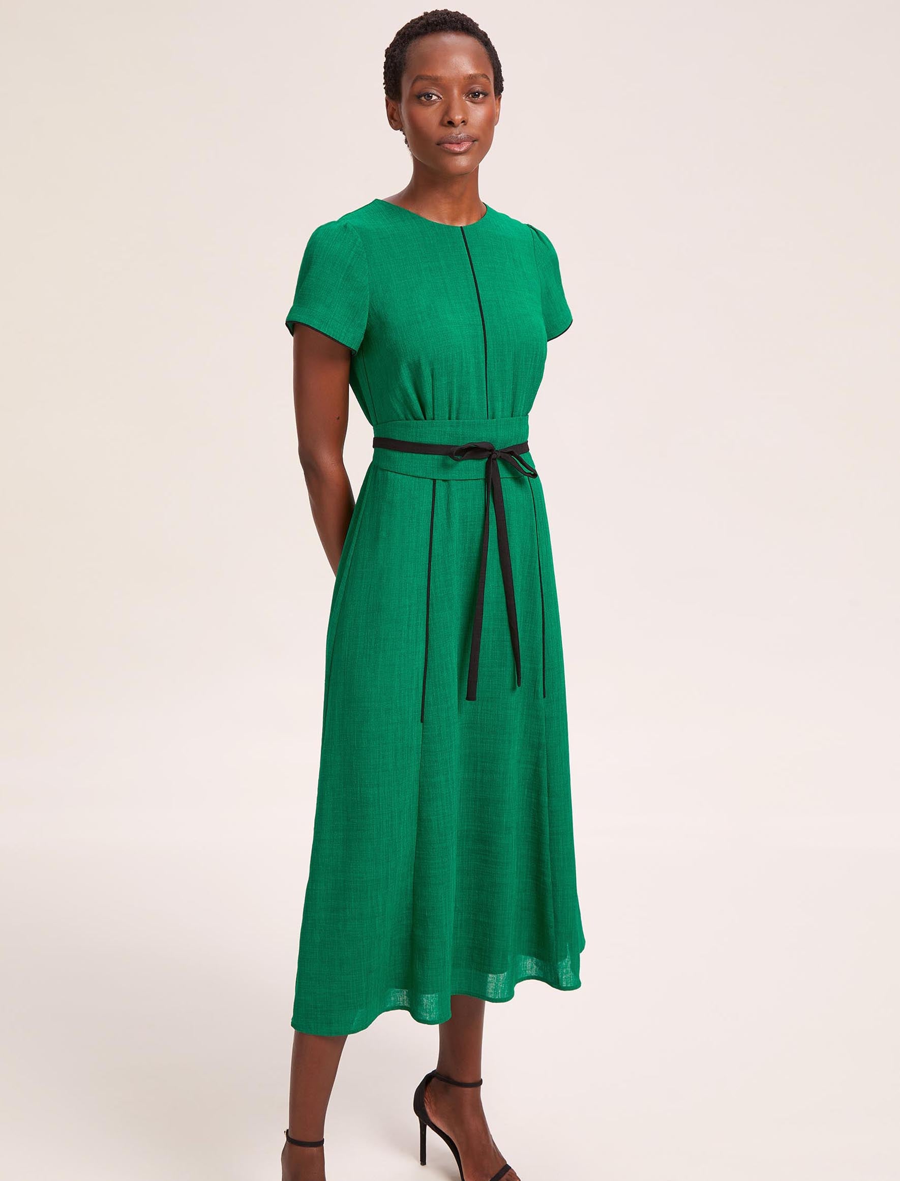 Rosie Techni Voile Maxi Dress with Wide Belt Emerald Green Black