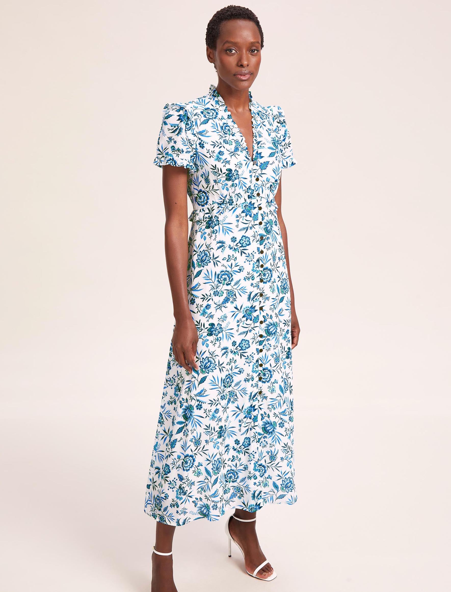 Liliana Floral Print Frill Detail Maxi Dress White Blue Palm Floral