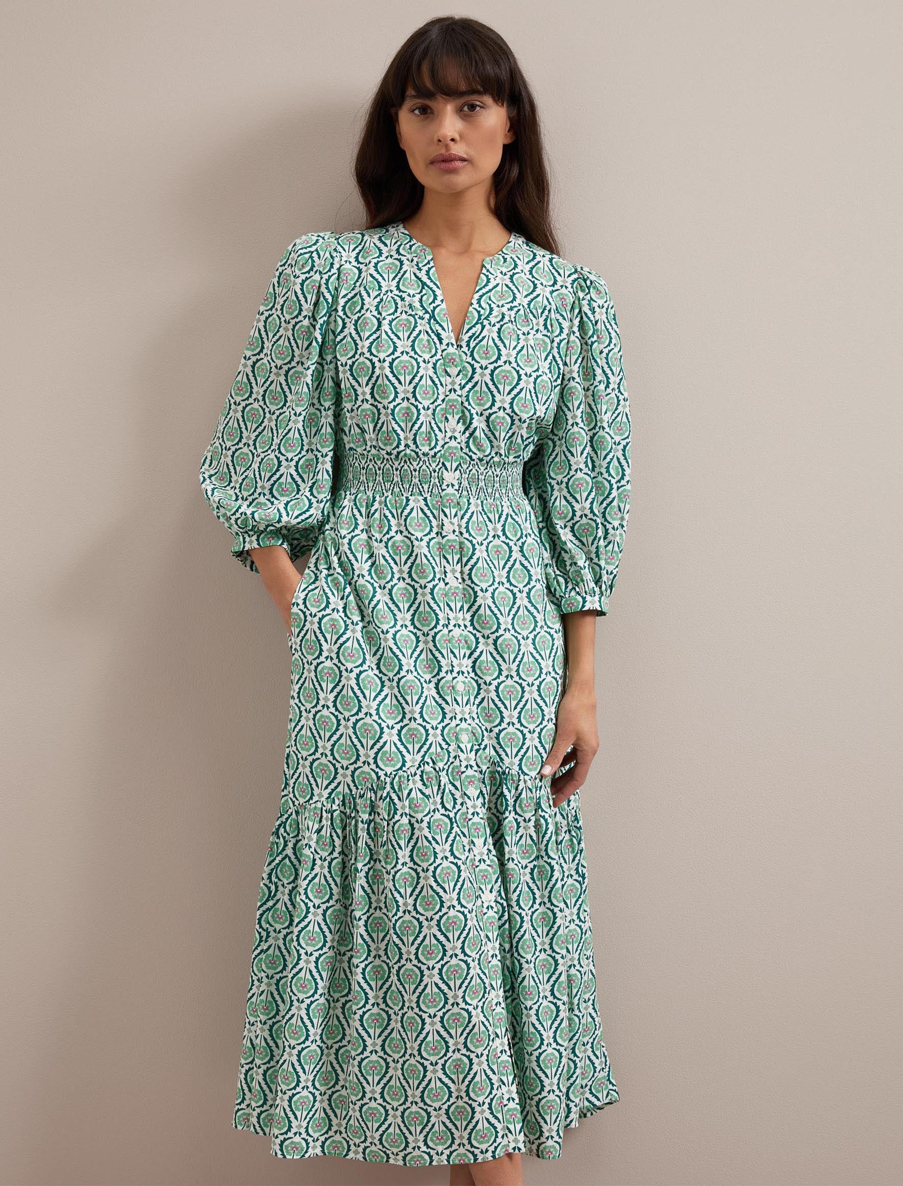 Aspen Cotton Voile V Neck Maxi Dress with Shirred Waist - White Green ...