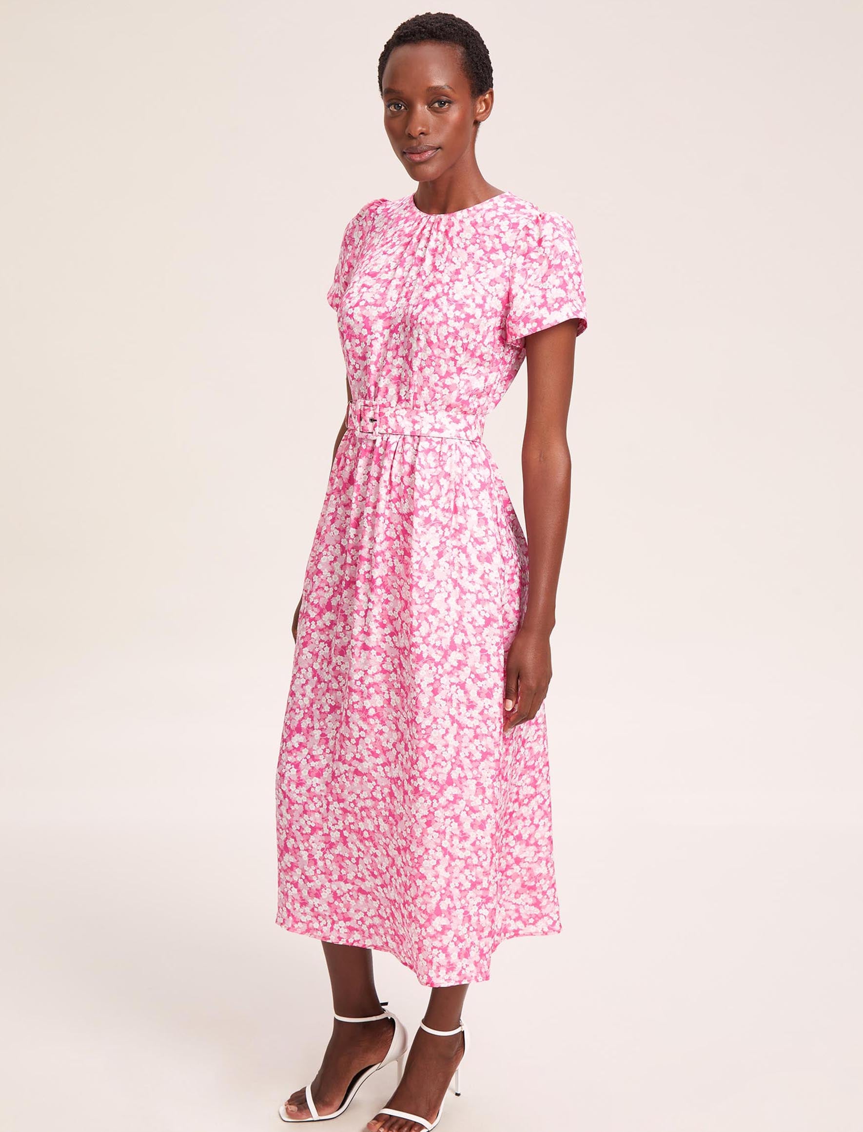 Nina Cotton Voile Gathered Maxi Dress with Belt - Hot Pink Blossom Print