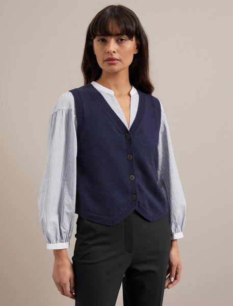 Wesley Cotton Merino Blend V Neck Button Through Waistcoat - Navy