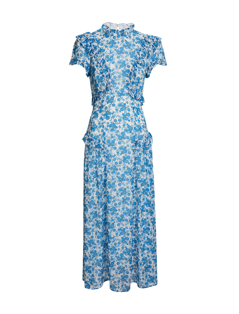 Mirabel Gold Metallic Fil Coupé Maxi Dress - White Blue Paisley Print