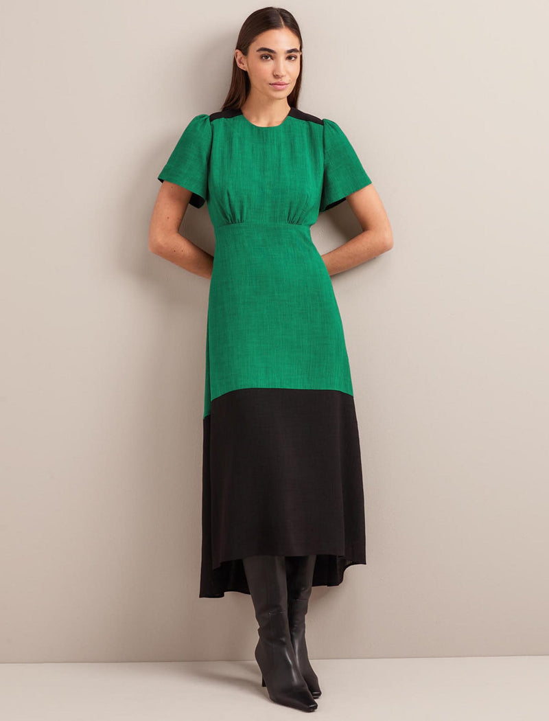 Carey Techni Voile Midi Dress - Emerald Green Black