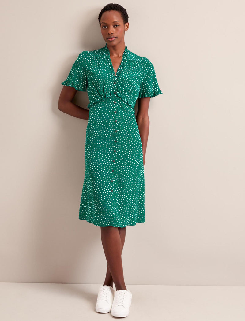 Tabby Silk Dress - Green Cream Polka Dot