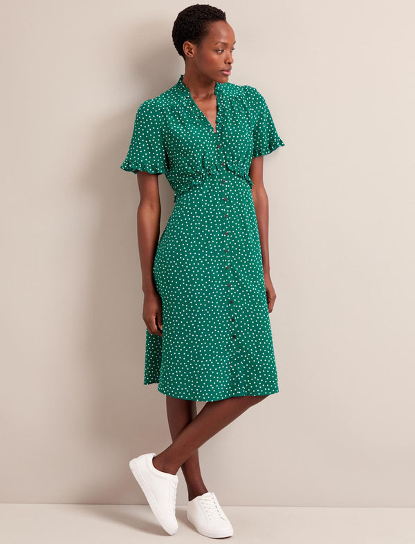 Tabby Silk Dress - Green Cream Polka Dot