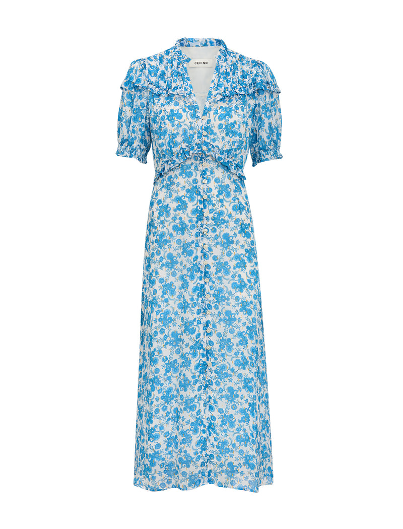 Viola Gold Metallic Fil Coupé Midi Dress - White Blue Paisley Print