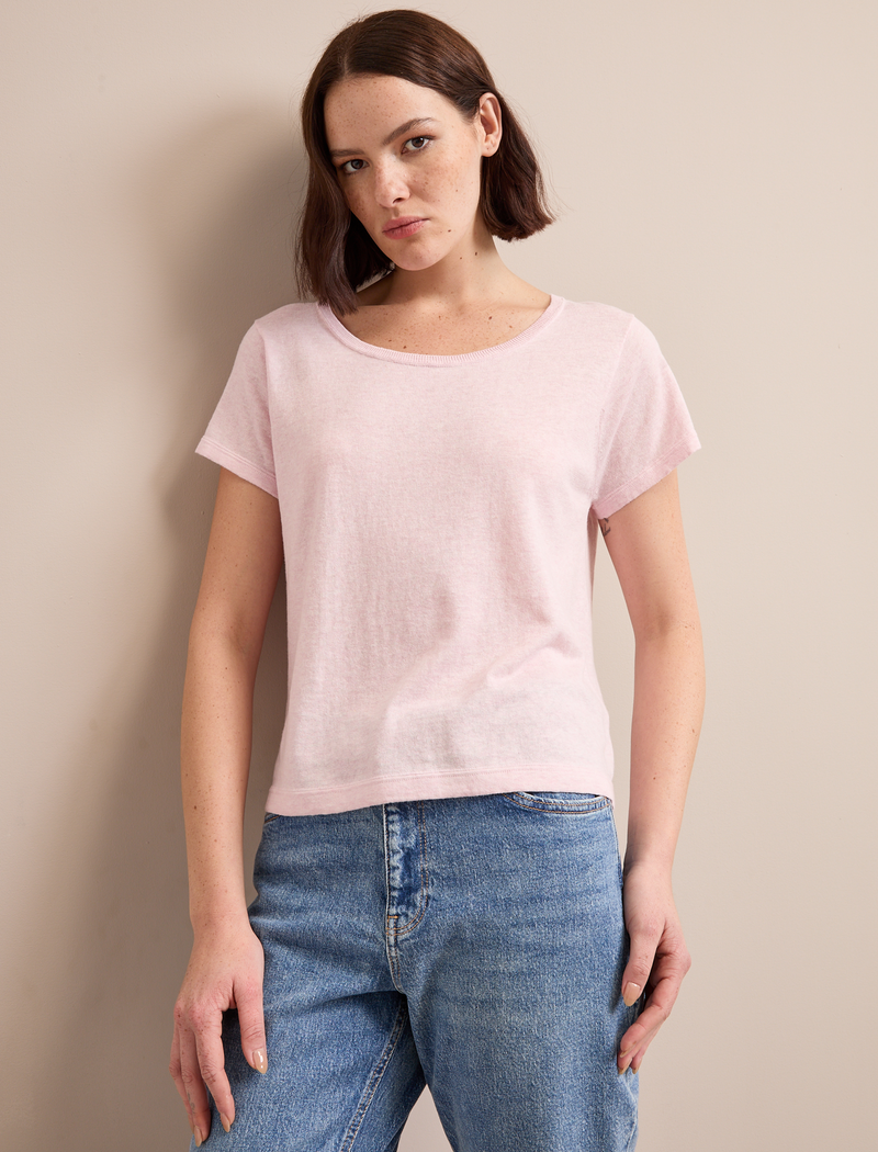 Madison Linen Blend Round Neck Knit T-Shirt - Pale Pink