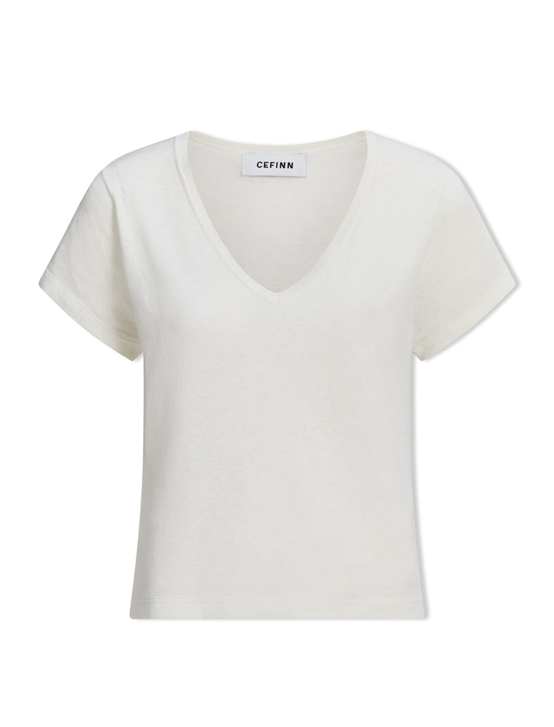 Madison Linen Blend V Neck Knit T-Shirt - White