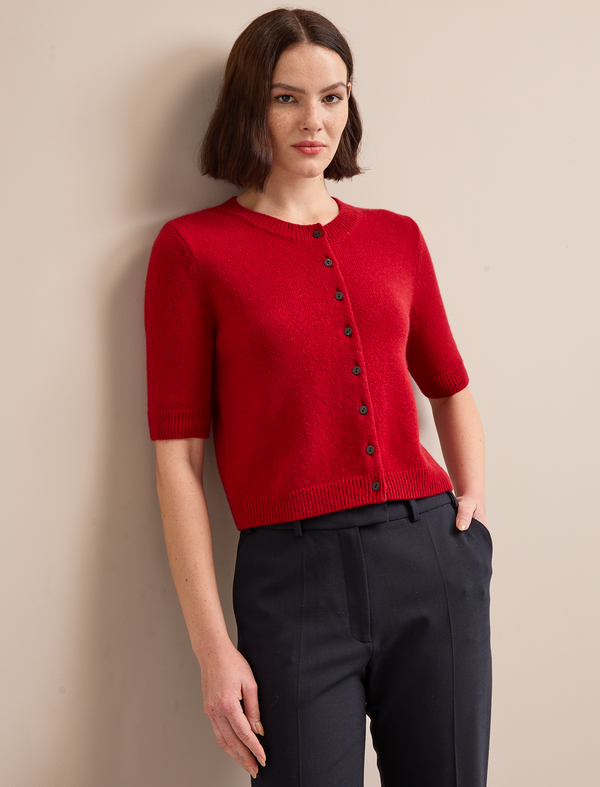 Clara Cashmere Short Sleeve Cardigan - Dark Red