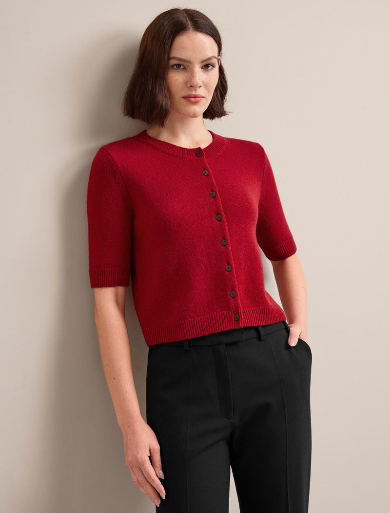 Clara Cashmere Short Sleeve Cardigan - Dark Red