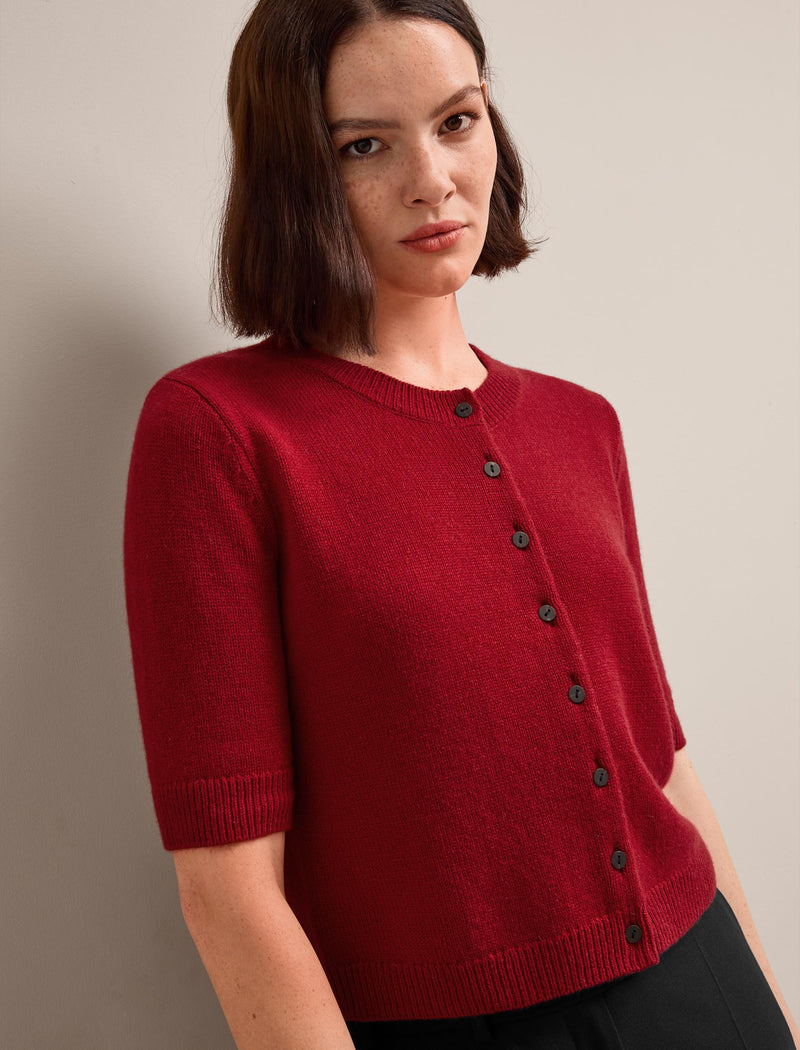 Clara Cashmere Short Sleeve Cardigan - Dark Red