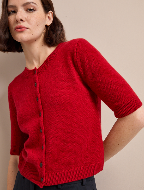 Clara Cashmere Short Sleeve Cardigan - Dark Red