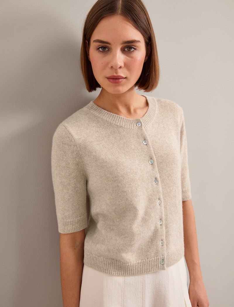 Clara Cashmere Short Sleeve Cardigan - Sand