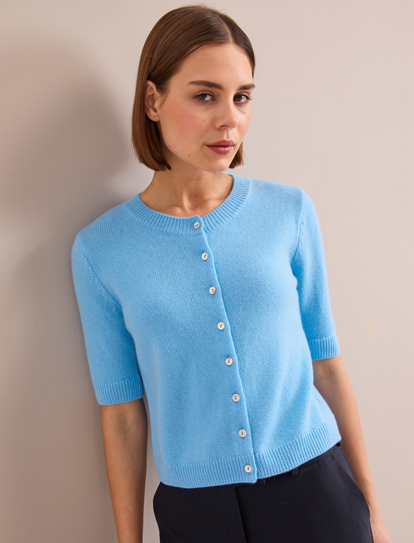 Clara Cashmere Short Sleeve Cardigan - Sky Blue