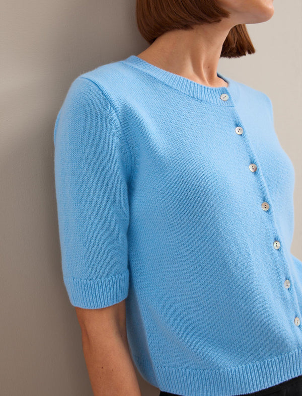 Clara Cashmere Short Sleeve Cardigan - Sky Blue