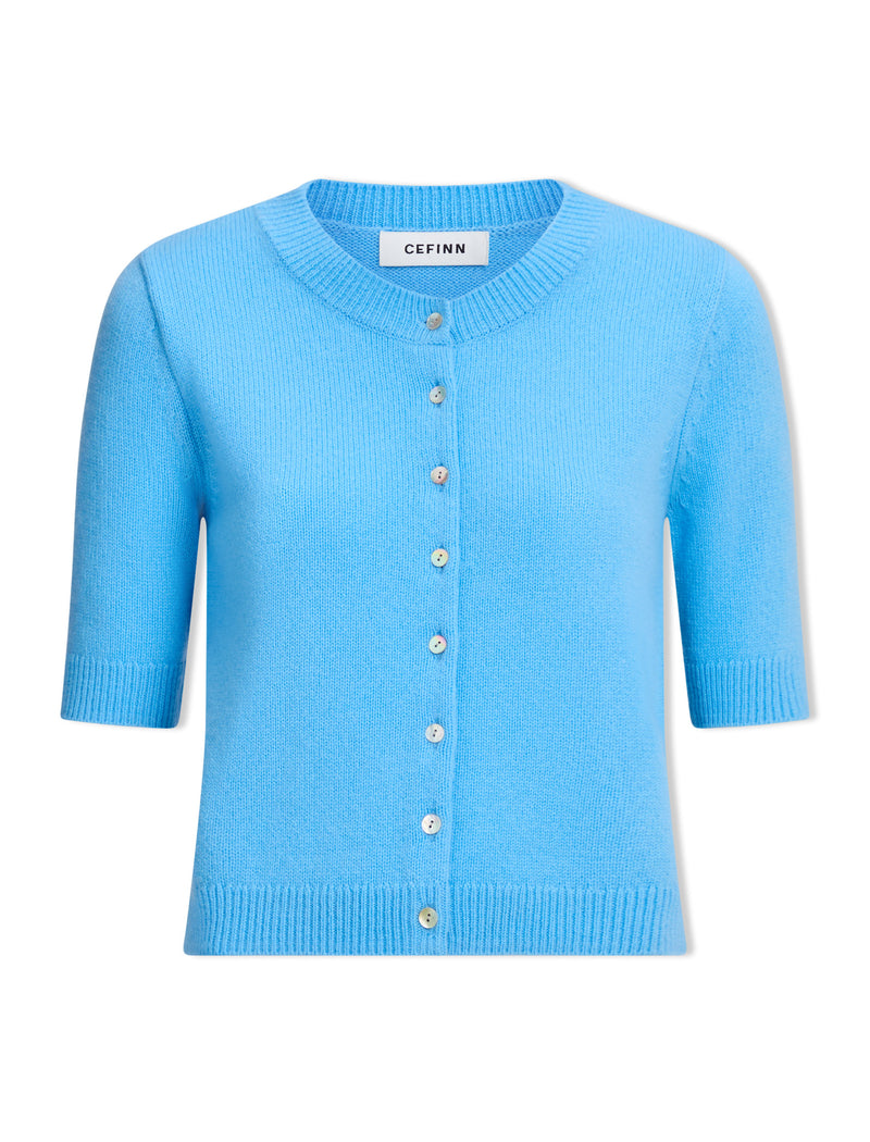 Clara Cashmere Short Sleeve Cardigan - Sky Blue