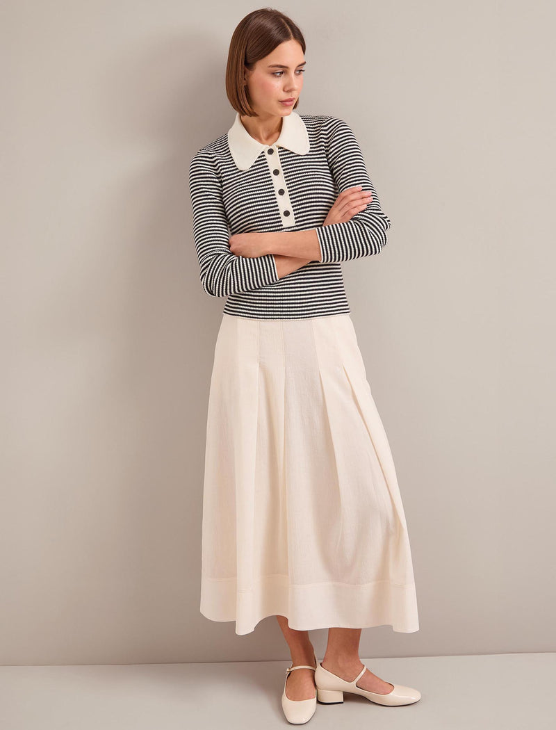 Wilma Cotton Blend Collared Jumper - Ivory Black Stripe