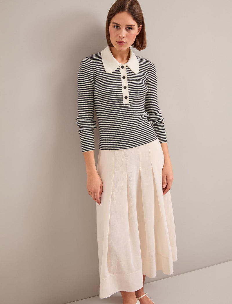 Wilma Cotton Blend Collared Jumper - Ivory Black Stripe