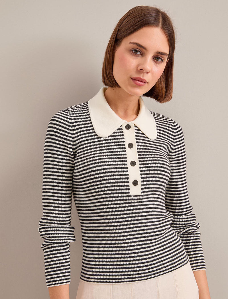 Wilma Cotton Blend Collared Jumper - Ivory Black Stripe