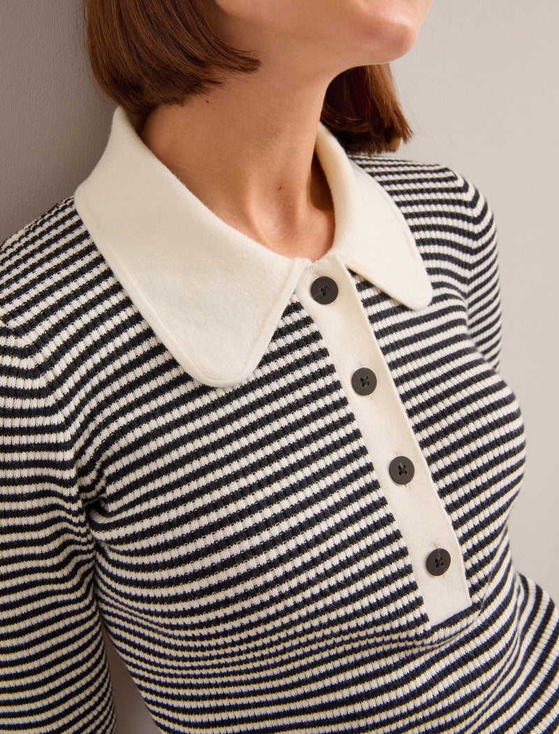 Wilma Cotton Blend Collared Jumper - Ivory Black Stripe