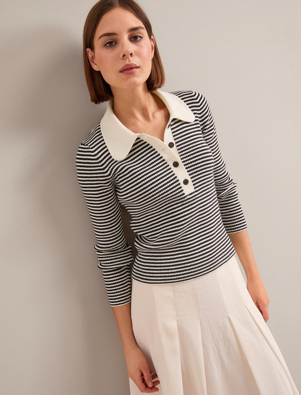 Wilma Cotton Blend Collared Jumper - Ivory Black Stripe