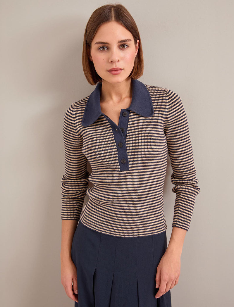 Wilma Cotton Blend Collared Jumper - Navy Beige Stripe